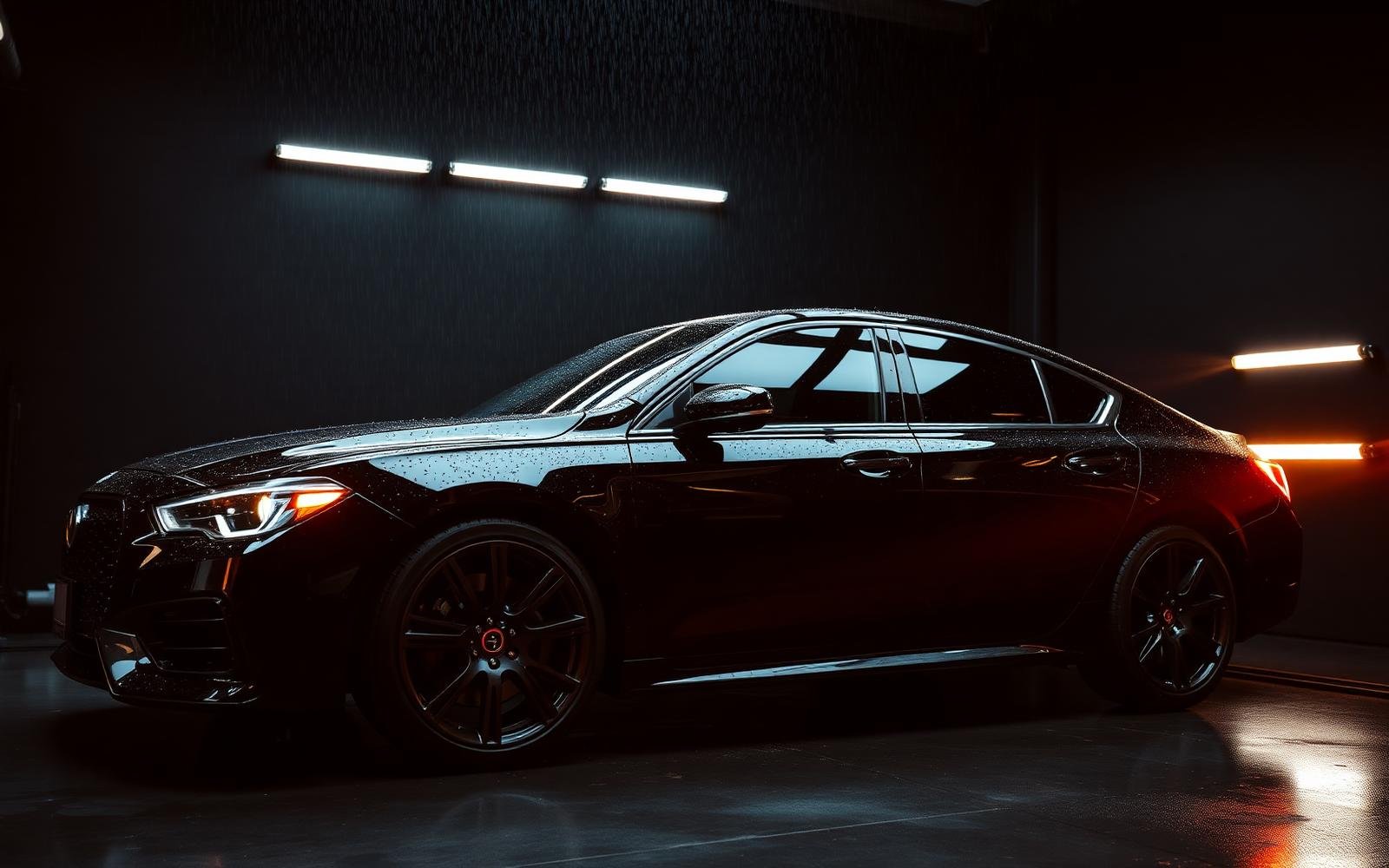 Glossy black sedan in a professional detailing studio
